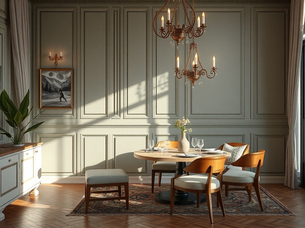 Элегантная столовая с круглым столом, стульями и люстрой. На стене картина и зелёное растение.