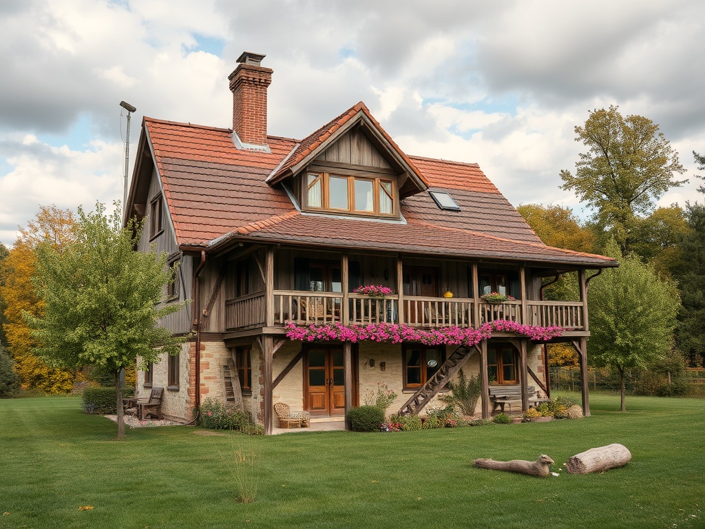 Двухэтажный дом с мансардой, цветущими балконами и зелёным газоном вокруг. Осень, облачное небо.