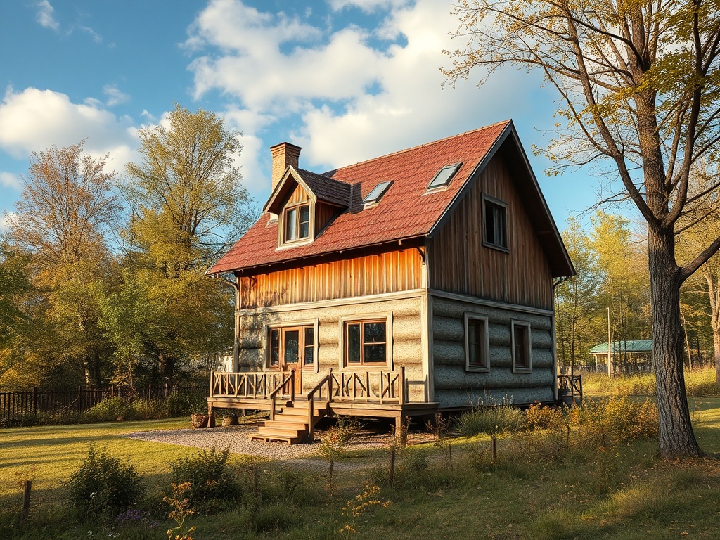 Деревянный дом с красной крышей и верандой, окружённый зелёными деревьями и полем.