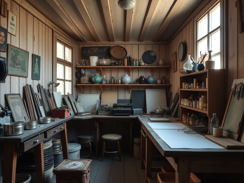 Мастерская с деревянными стенами, столом, полками и различными художественными принадлежностями.