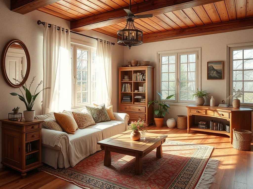 Светлая гостиная с деревянным потолком, письменным столом, книжным шкафом и уютным диваном.