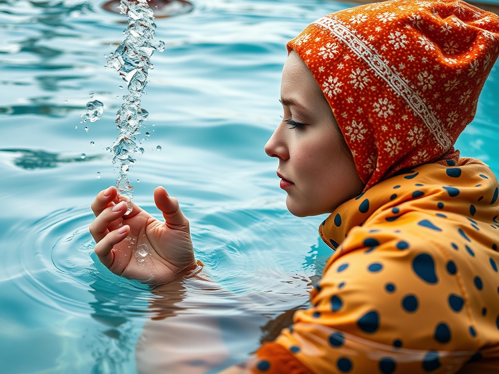Женщина в оранжевой платке и куртке наблюдает за каплями воды, отражая спокойствие и гармонию.
