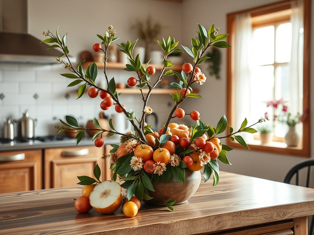 На деревянном столе в кухне стоит декоративная ваза с фруктами и цветами. Светлая атмосфера и уют.
