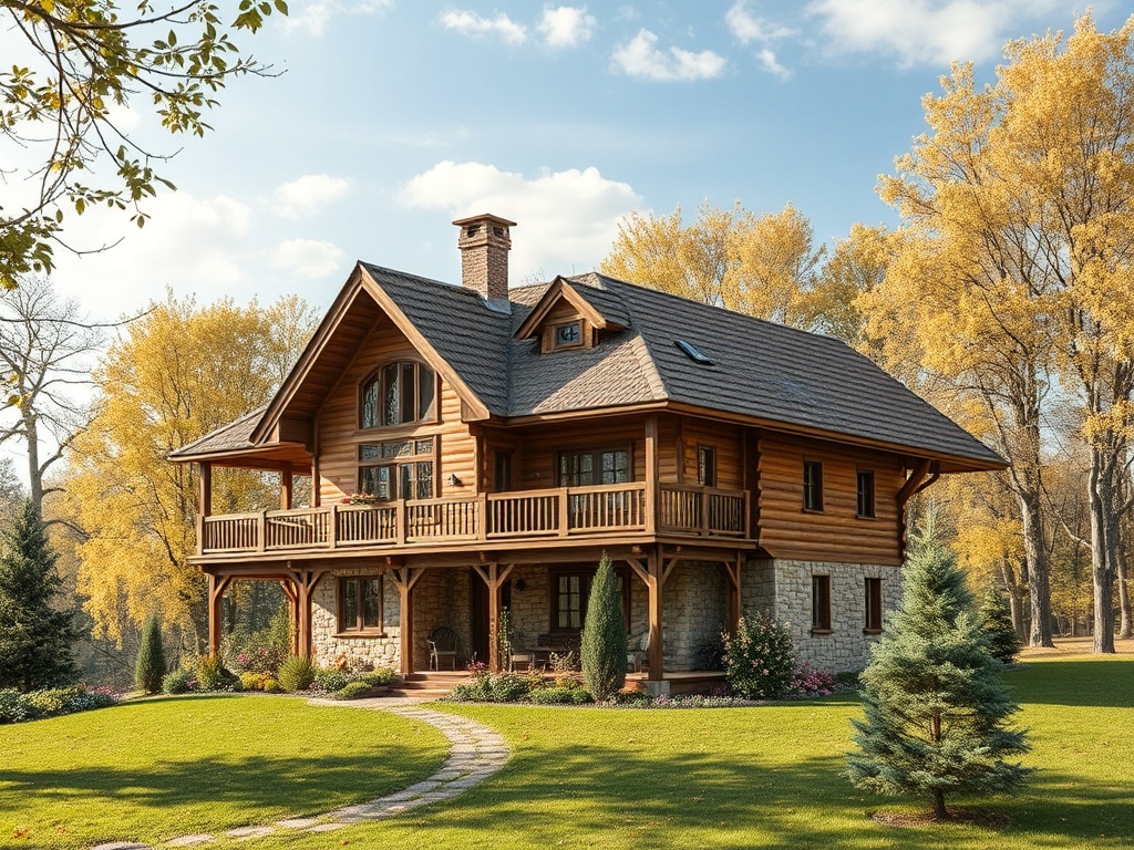 На фоне осеннего леса стоит красивый деревянный дом с каменными элементами и зеленым лужайкой.