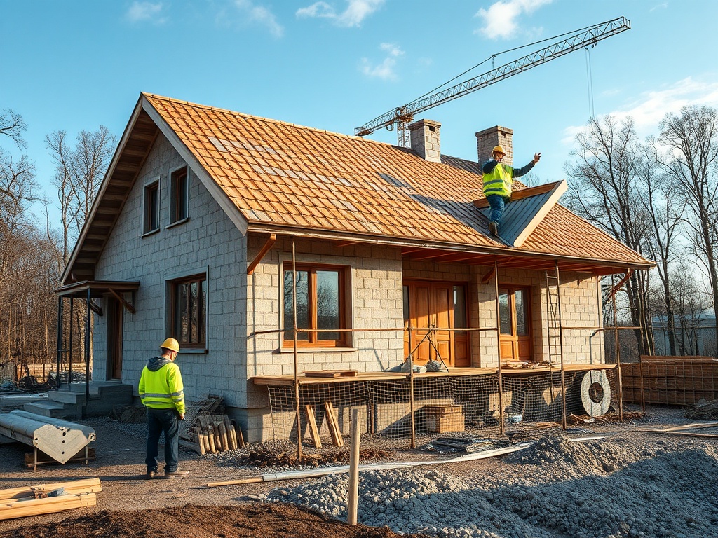 На строительстве дома рабочие устанавливают крышу, рядом находятся строительные материалы и краны.
