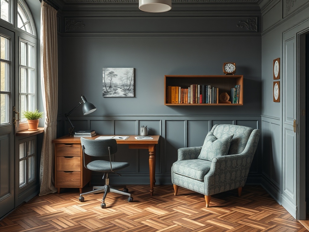 Современный кабинет с уютным креслом, письменным столом и книгами на полке в спокойных цветах.