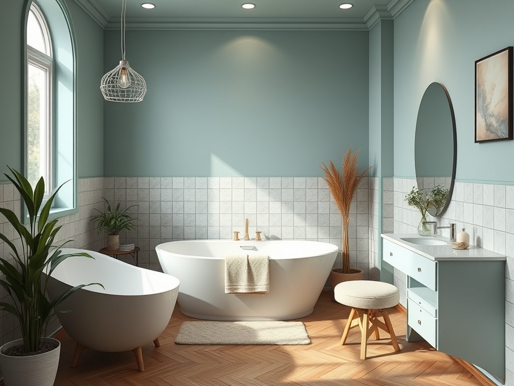 Современная ванная комната с белой ванной, растениями и стильной мебелью на фоне голубых стен.