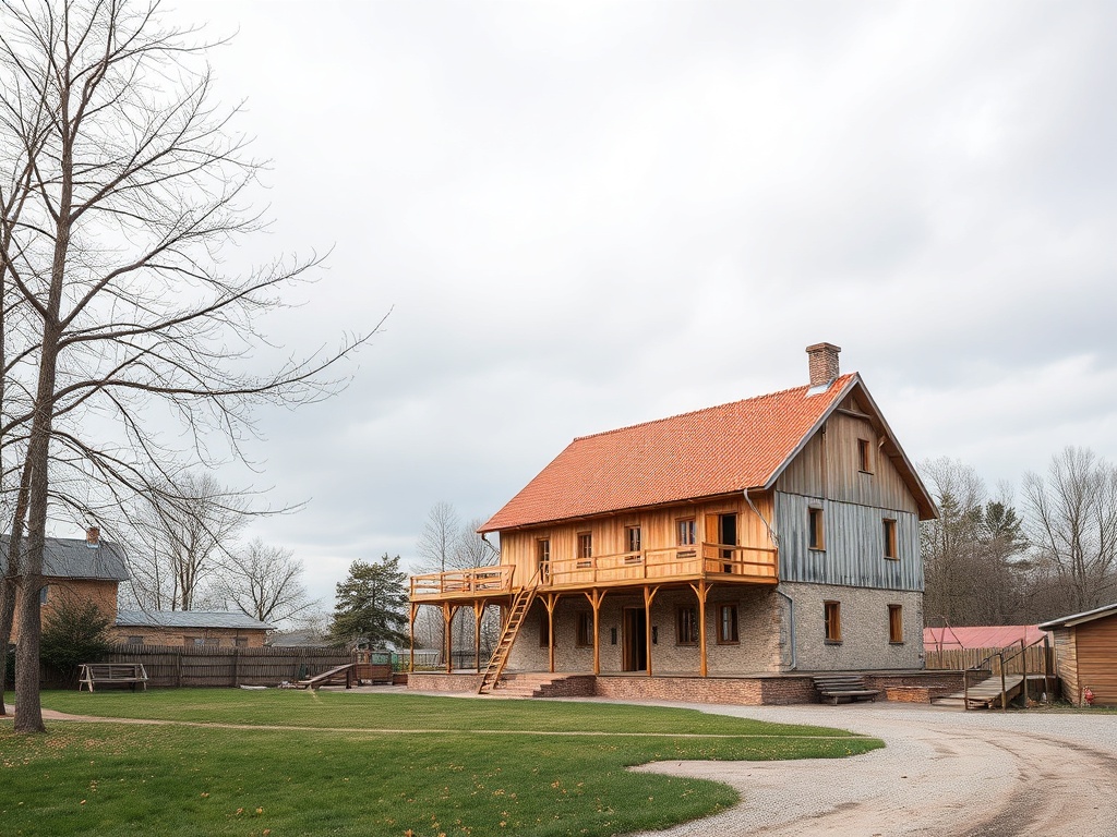 Деревянный дом с красной крышей, расположенный на фоне облачного неба и зелёного газона.