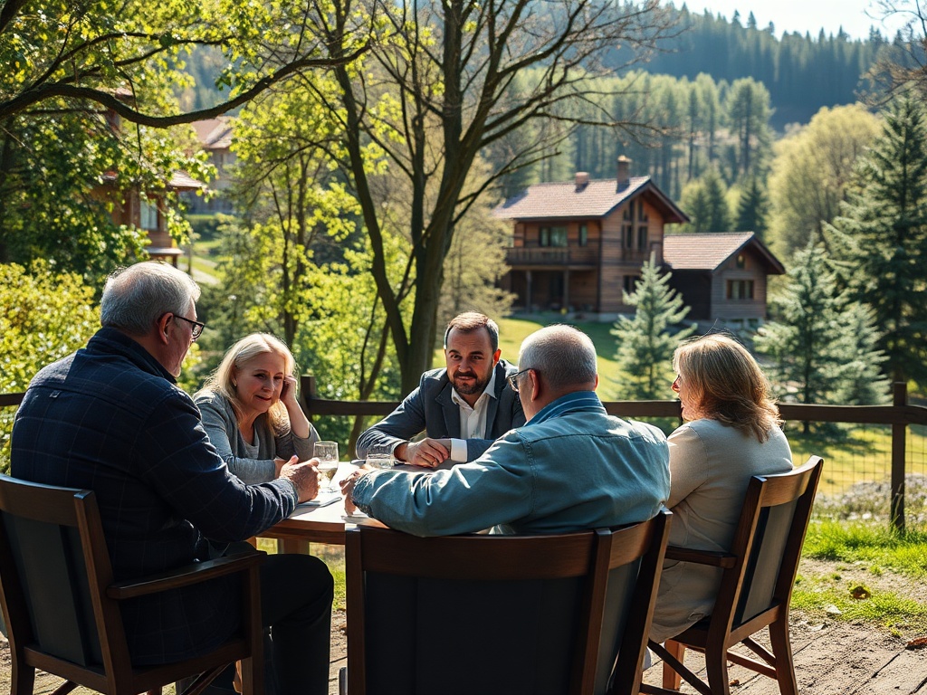 На фото группа людей за столом на природе, обсуждающих что-то в уютной обстановке. Дом и сосны на заднем плане.