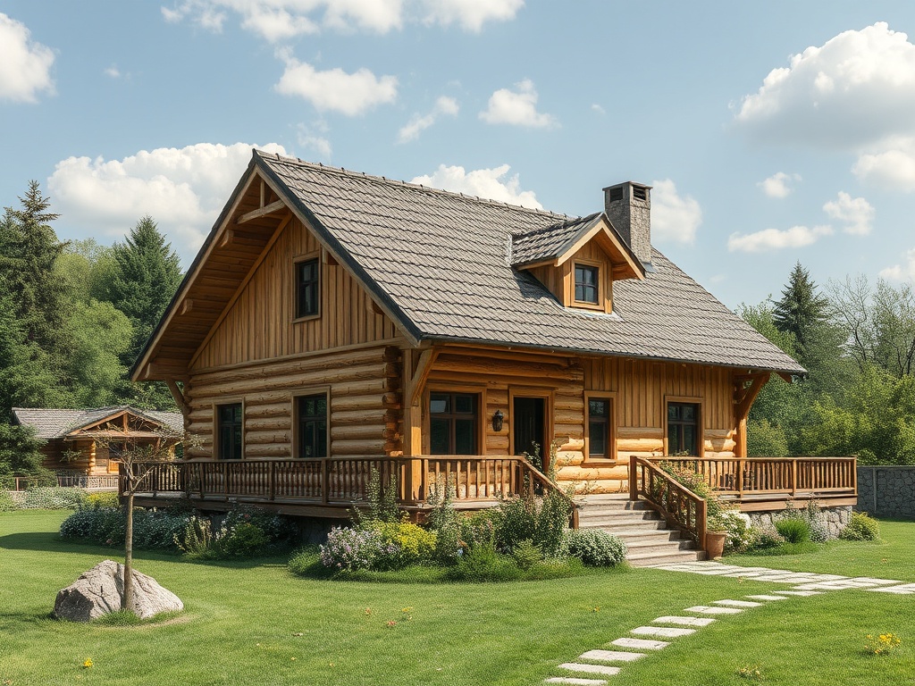 Деревянный дом с крыльцом и окружением из зеленого сада и цветников на фоне ясного неба.