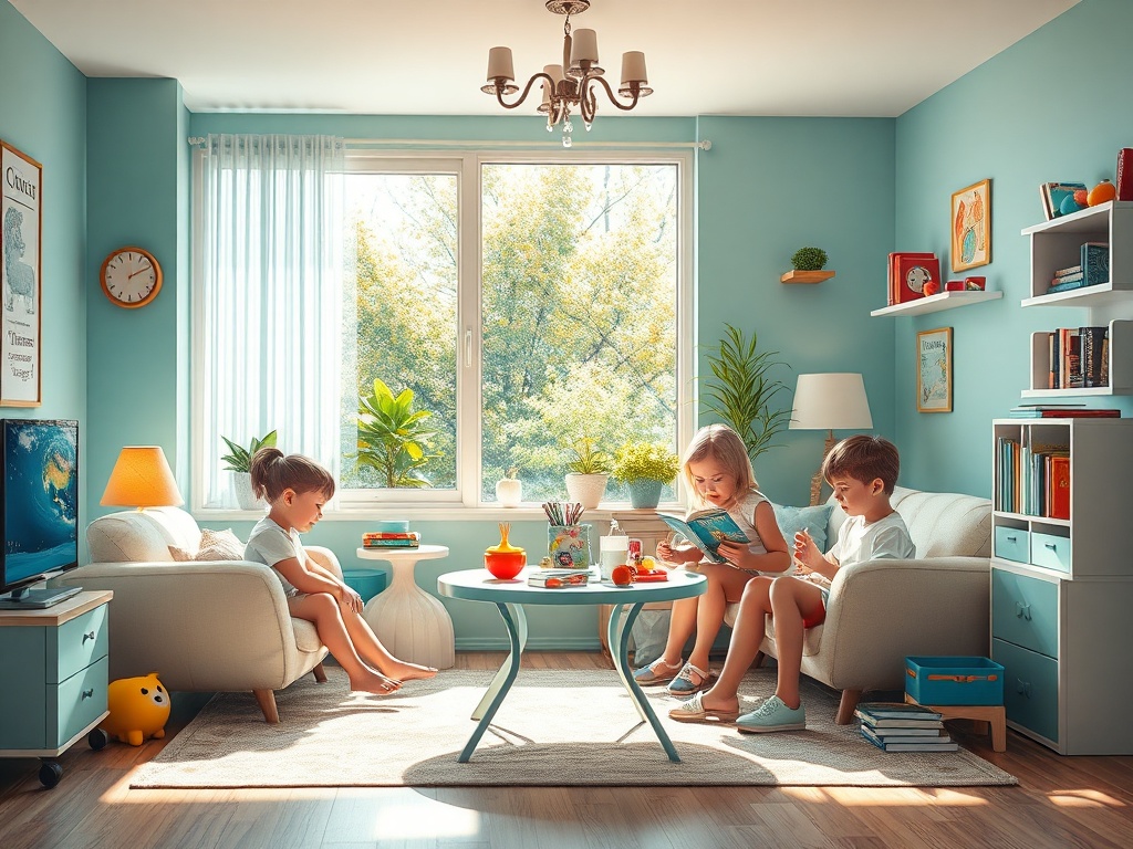 Трое детей играют в светлой комнате с окнами, наполненными солнечным светом и зелеными растениями.