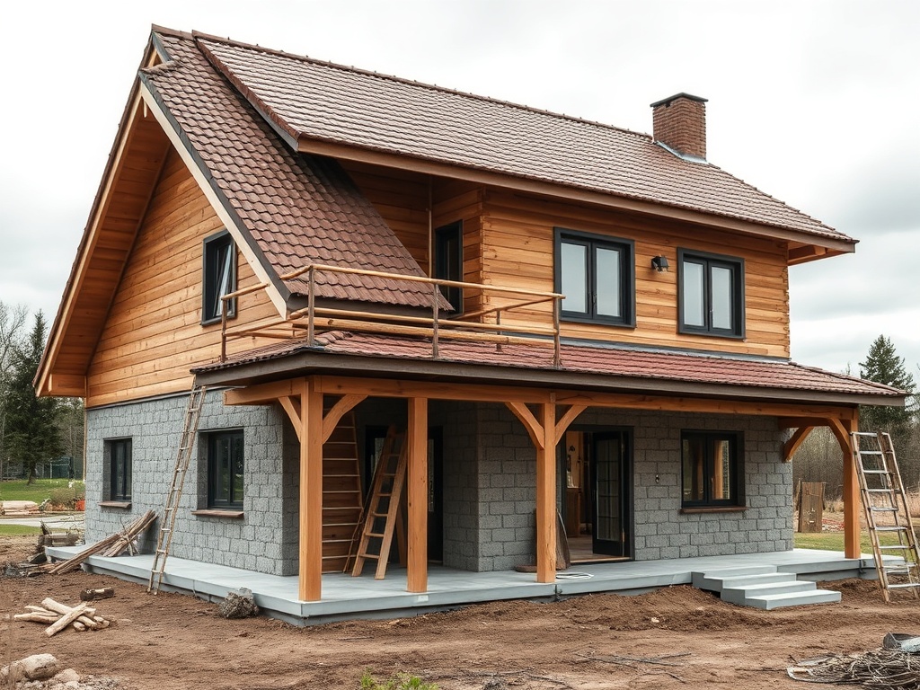 Двухэтажный дом с деревянными и каменными стенами, находящийся на этапе строительства.