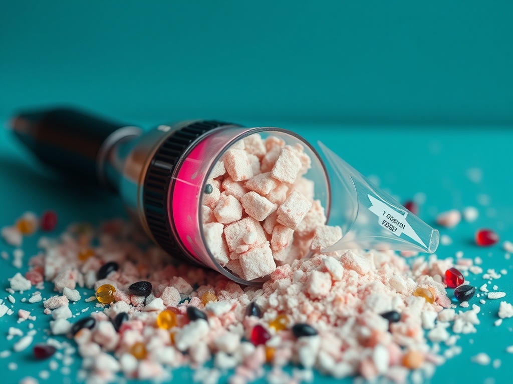 Розовые кристаллы сахара рассыпаны рядом с шприцом на синем фоне. Яркие конфеты разбросаны вокруг.