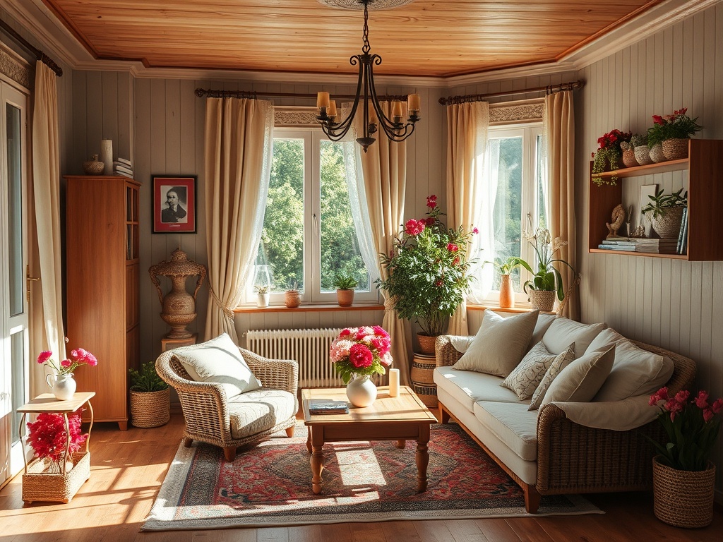 Уютная гостиная с мягкой мебелью, растениями и яркими цветами, освещенная солнечными лучами.