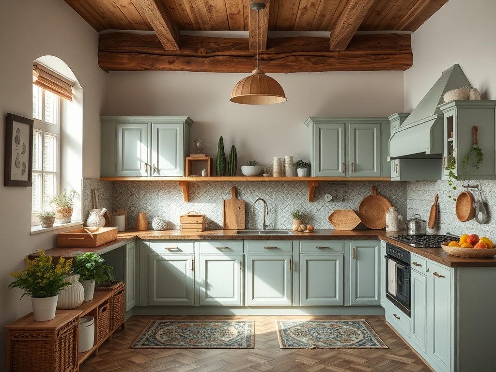 Современная светлая кухня с голубыми шкафами, деревянными элементами и уютной атмосферой.