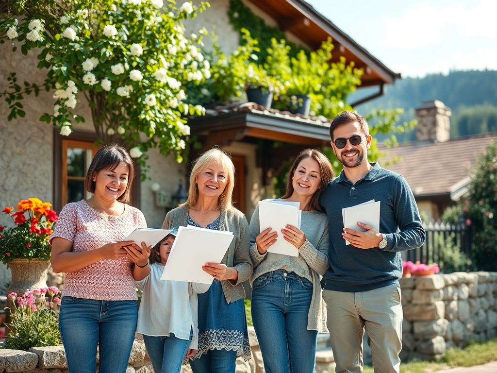 Четыре человека стоят перед домом с бумагами в руках, радуются и улыбаются на фоне зелени и цветов.