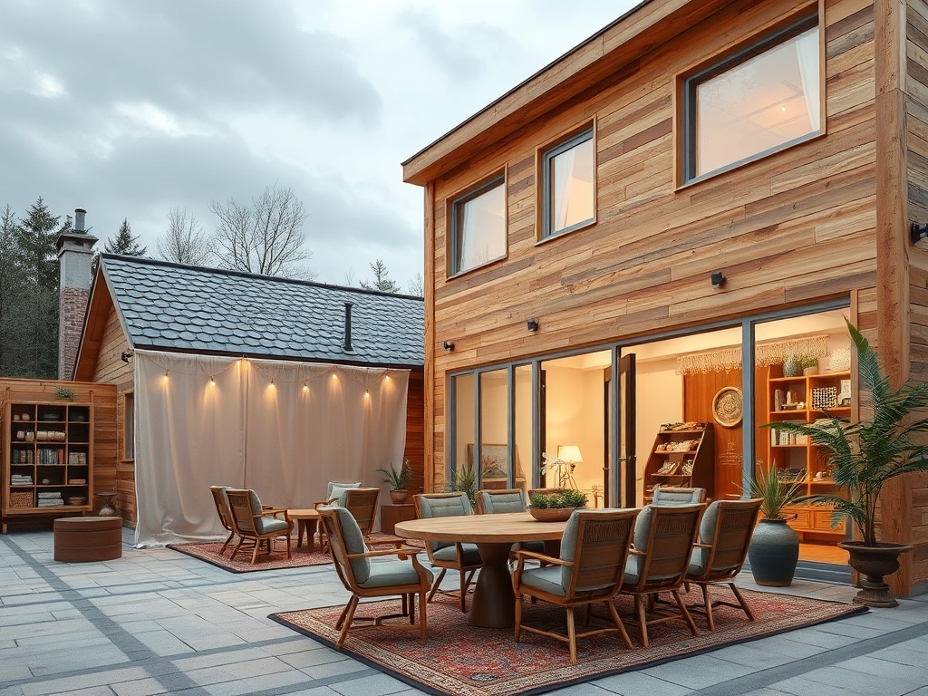 Современный деревянный дом с открытой террасой и уютной зоной для отдыха на фоне облачного неба.