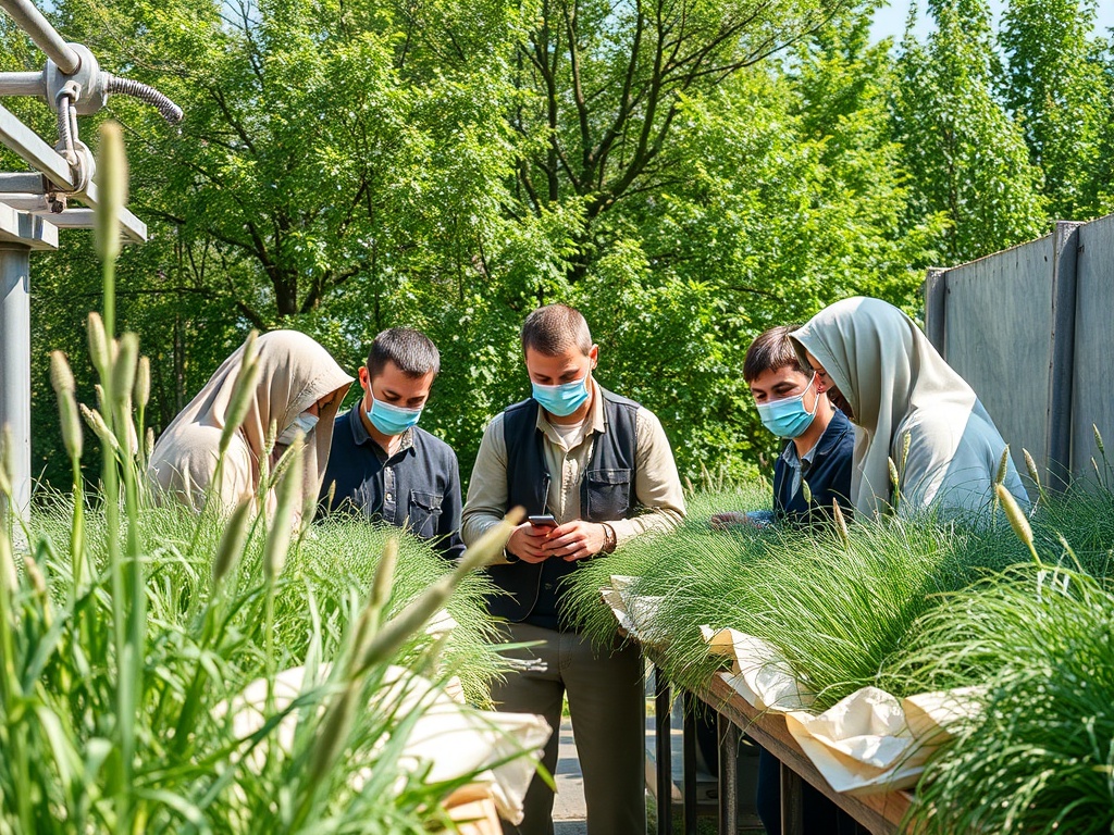 Группа людей в масках изучает растения на солнечном фоне. Зеленые насаждения вокруг.