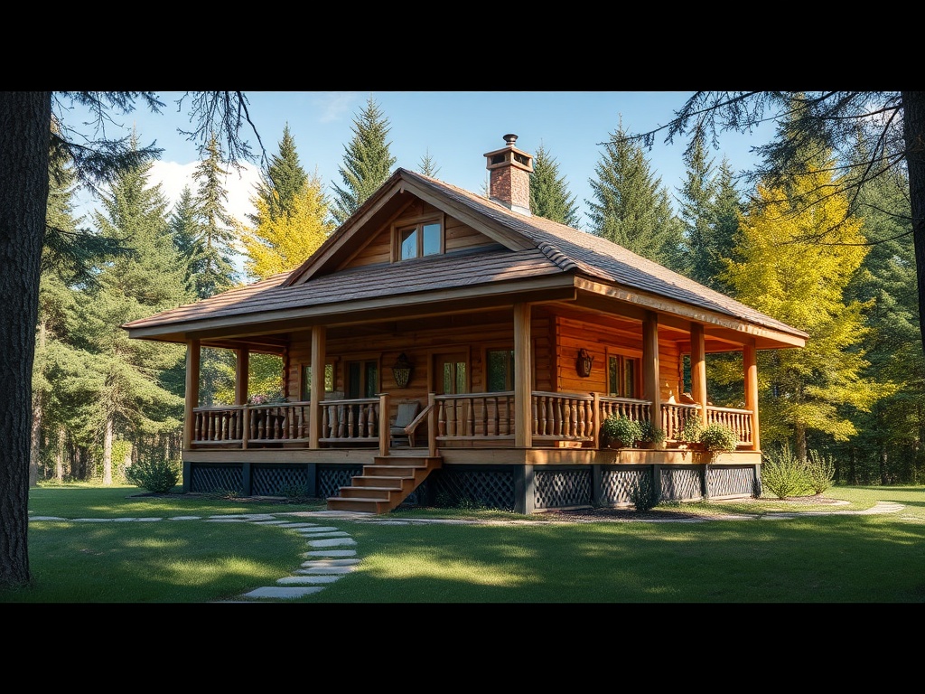 Деревянный дом с верандой, окружённый зелёными деревьями и ухоженным садом. Теплая и уютная обстановка.