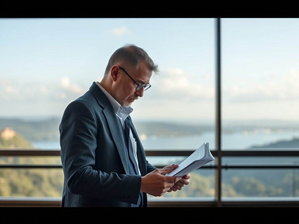 Человек в деловом костюме читает документы на фоне окна с видом на пейзаж.