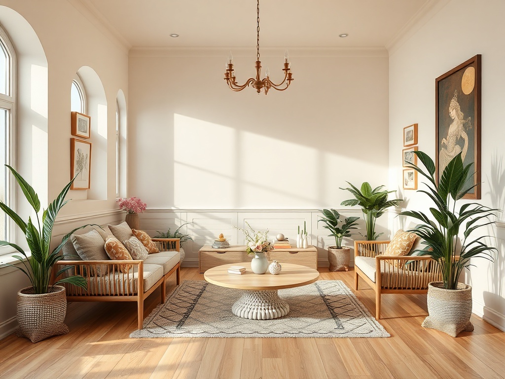 Светлая гостиная с растениями, уютной мебелью и круглым столом, освещённая солнечными лучами.