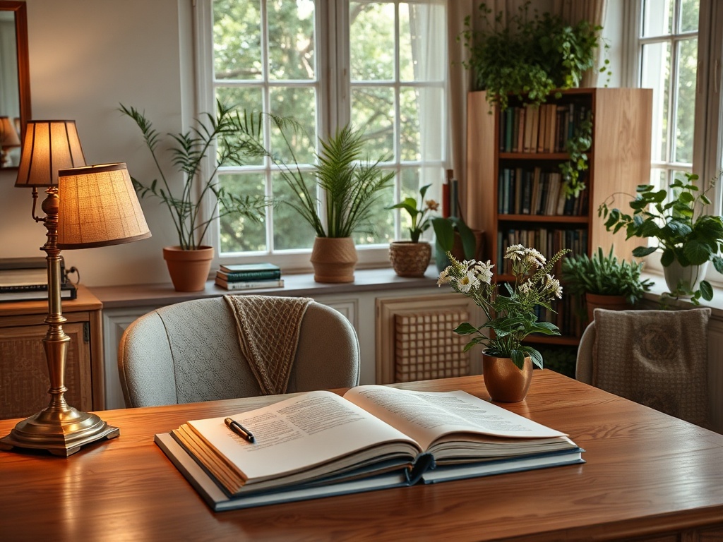 Уютный кабинет с лампой, открытой книгой, цветами и зелеными растениями у окна.