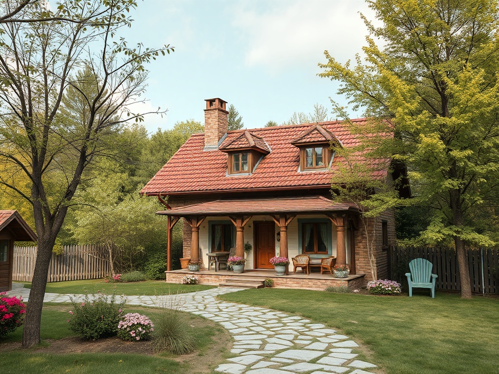 Красивая загородная дача с красной крышей, цветами и ухоженным газоном среди деревьев.