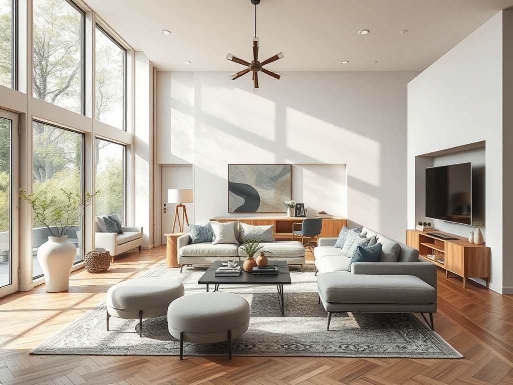 Современная гостиная с большими окнами, уютной мебелью и светлым интерьером, наполнена естественным светом.