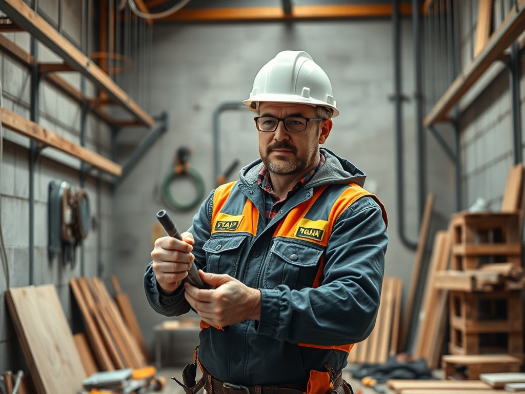 Мужчина в строительной каске и жилете работает с трубой на фоне мастерской с деревянными материалами.