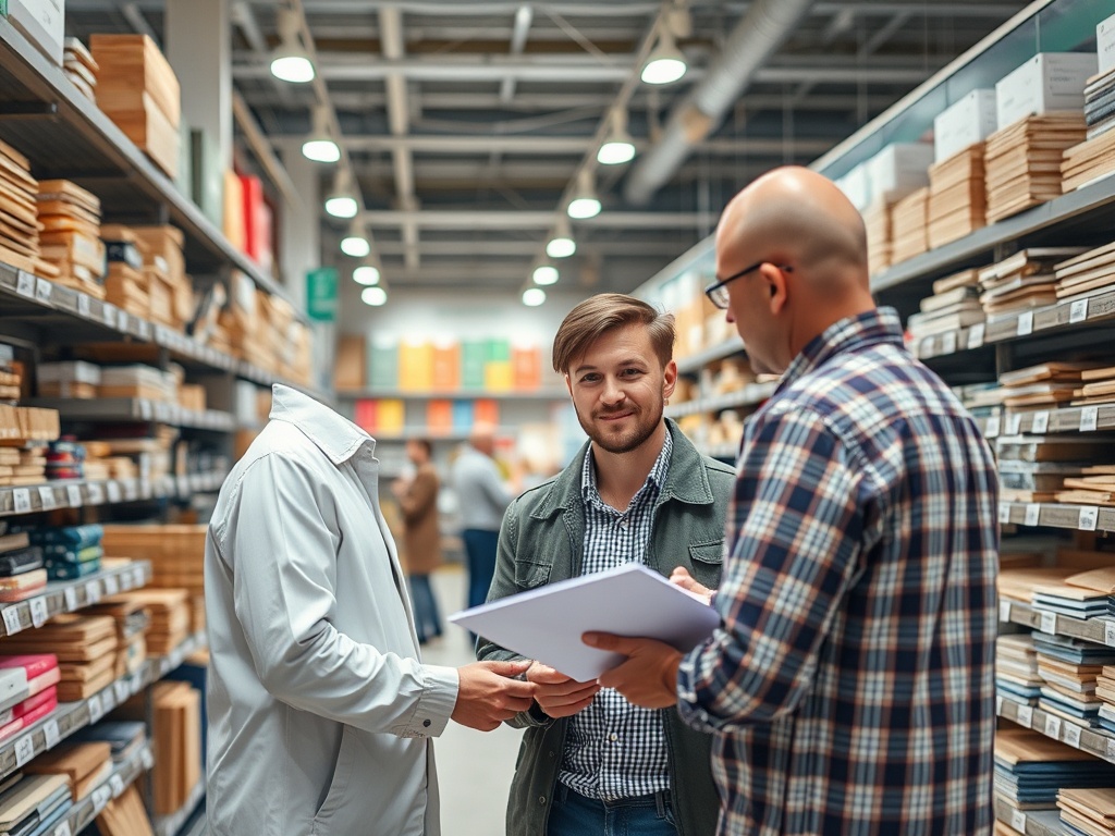 На изображении мужчины беседуют в магазине с канцелярскими товарами. Полки заполнены бумагой и канцтоварами.