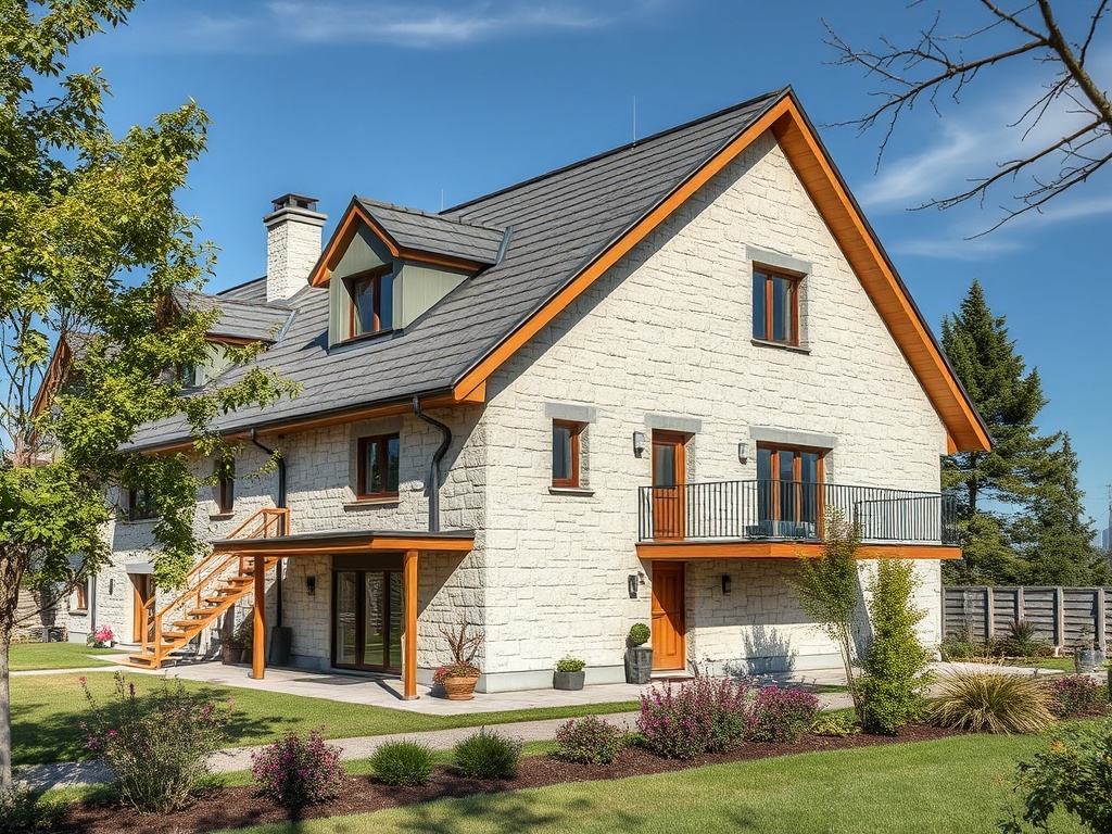Современный дом с каменной отделкой и балконом, окружённый зелеными насаждениями и цветами.