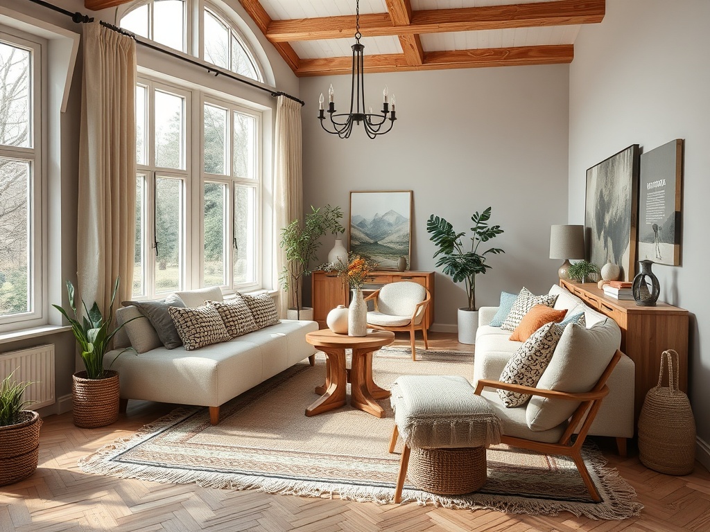 Светлая гостиная с деревянными перекрытиями, уютной мебелью и зелеными растениями у окон.