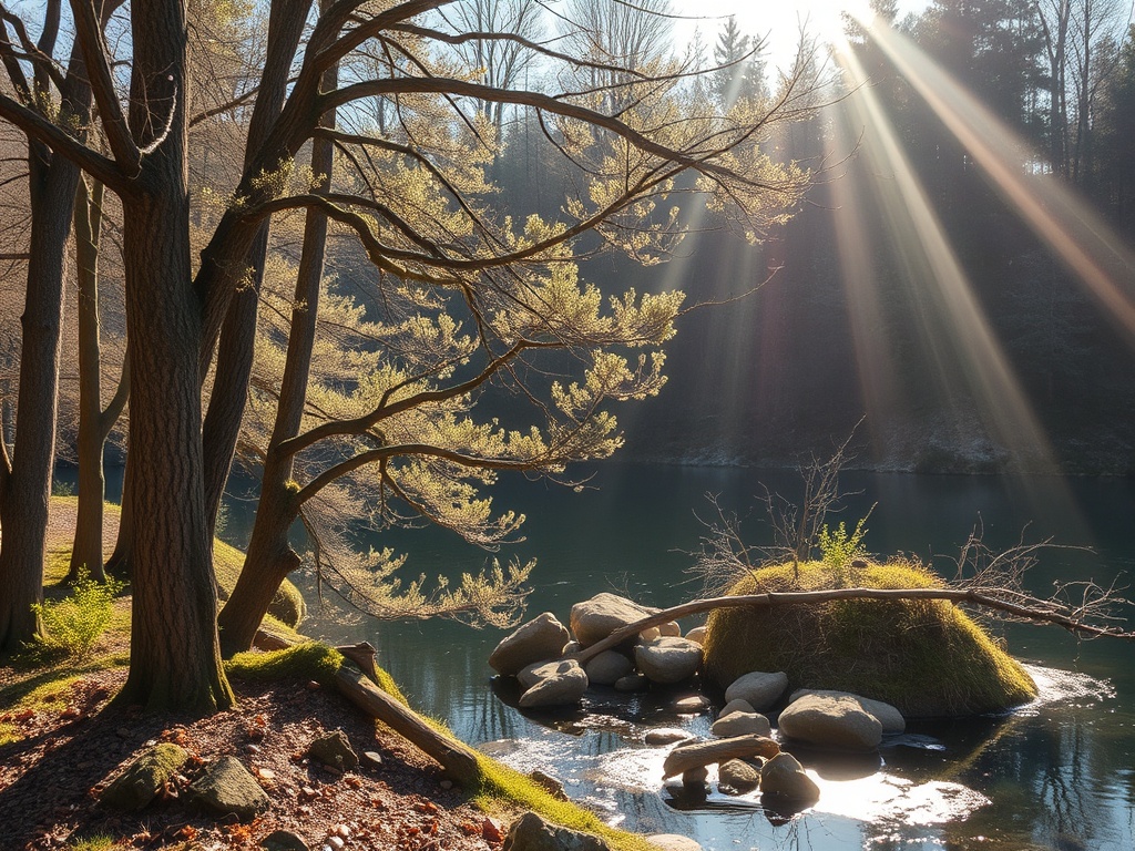Солнечные лучи проникают сквозь деревья к спокойному озеру, окружённому камнями и свежей зеленью.