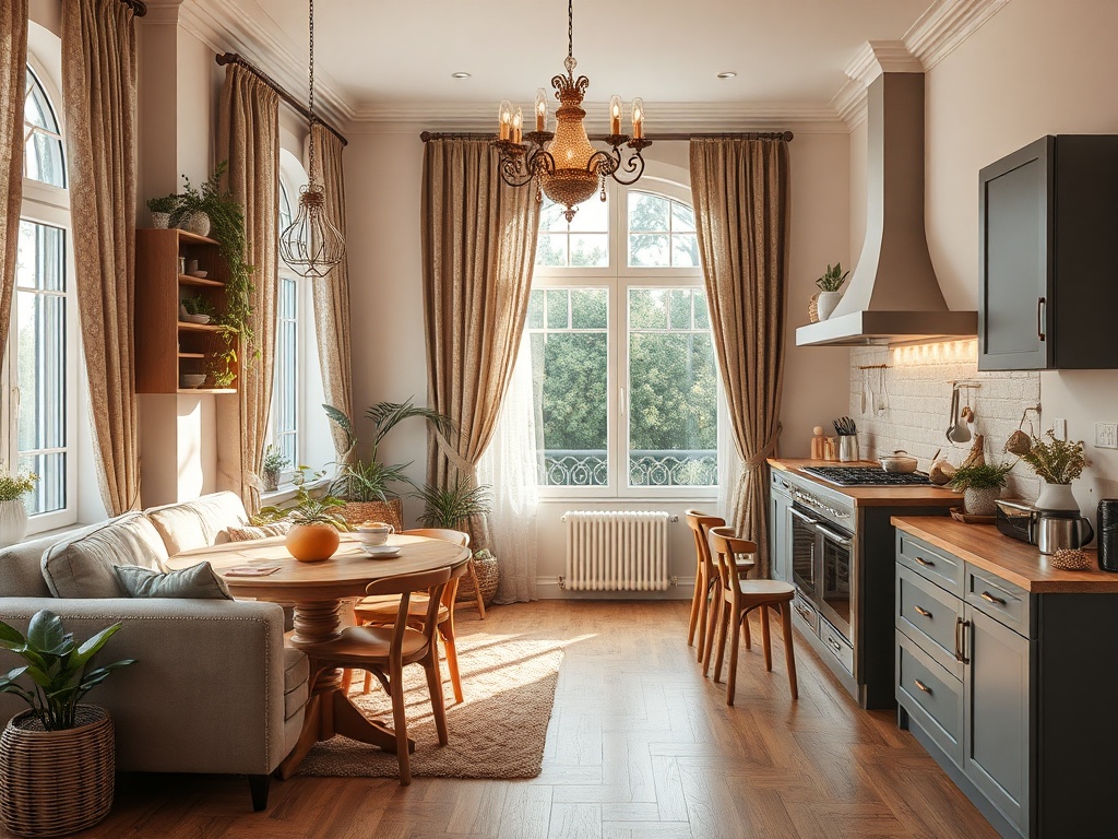 Современная кухня с уютной зоной для отдыха, большими окнами и стильной мебелью из дерева.