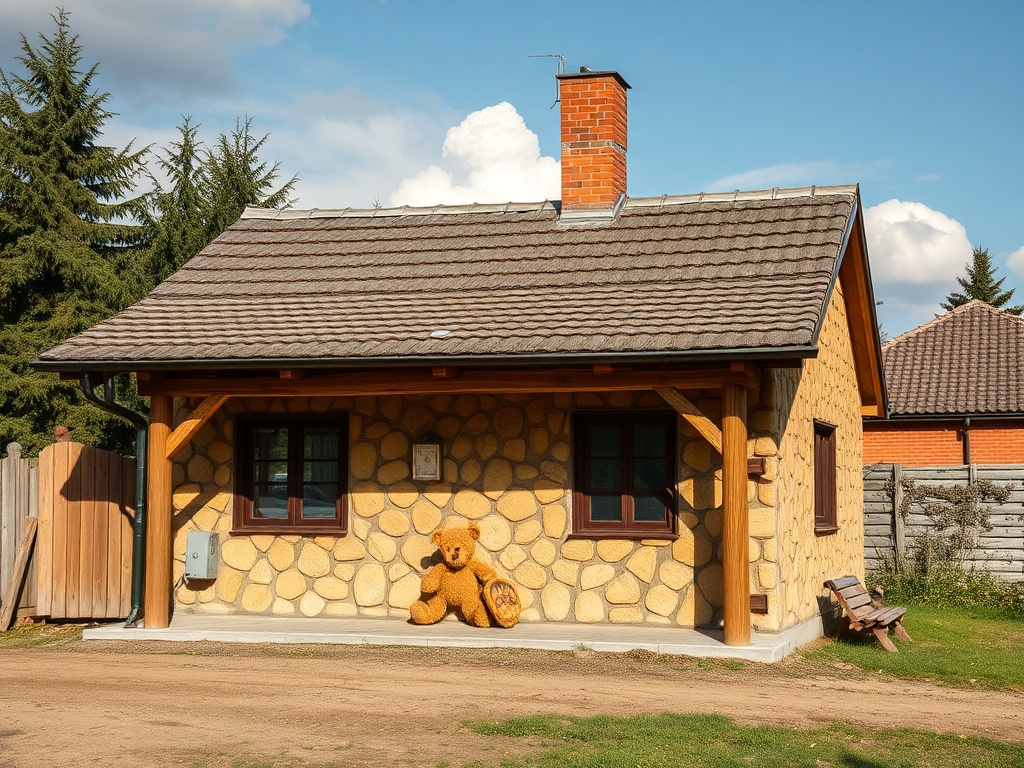 Уютный дом с отделкой из камня и деревянными элементами, рядом с ним большой плюшевый медведь.