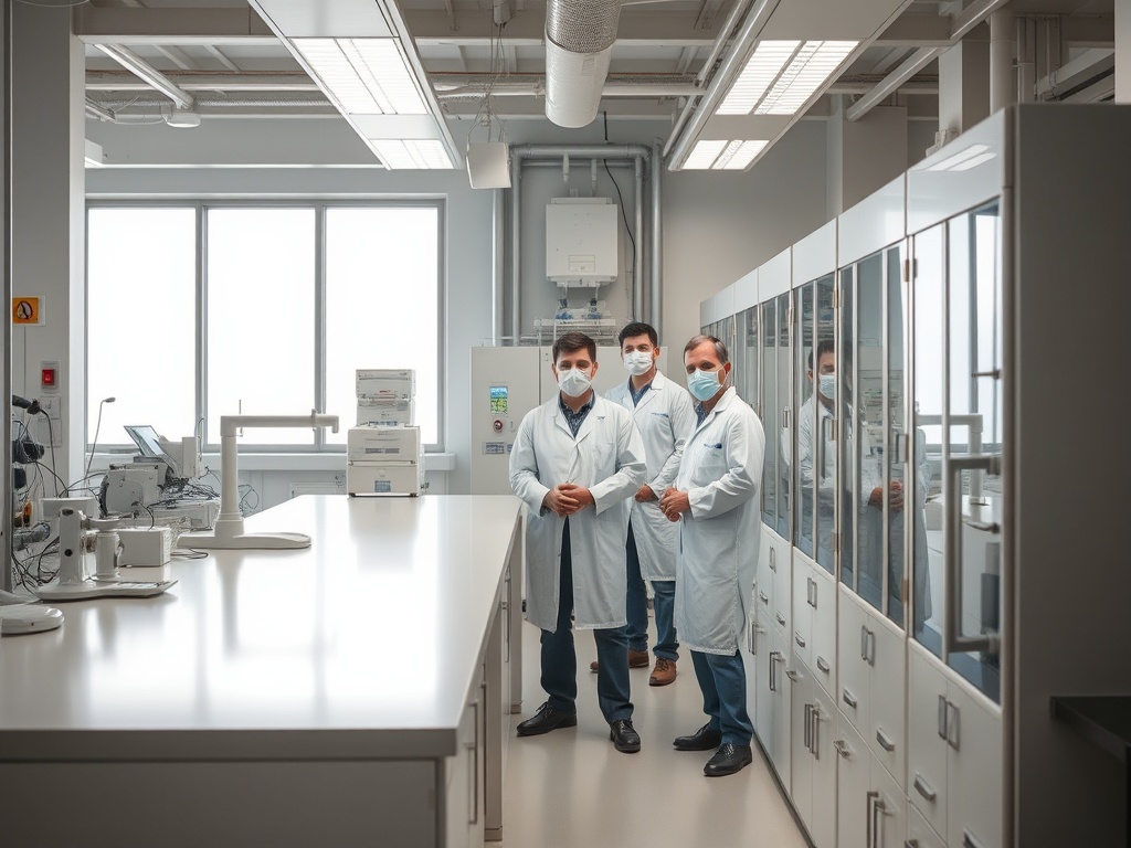 Лаборатория с тремя учеными в белых халатах и масках, окружающими стол с оборудованием.