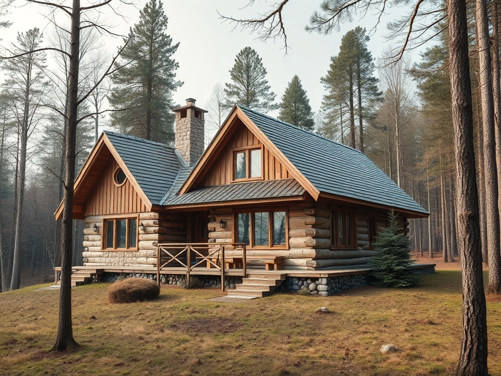 Деревянный дом в лесу, окруженный соснами, с камином и уютной террасой. Спокойствие и гармония с природой.